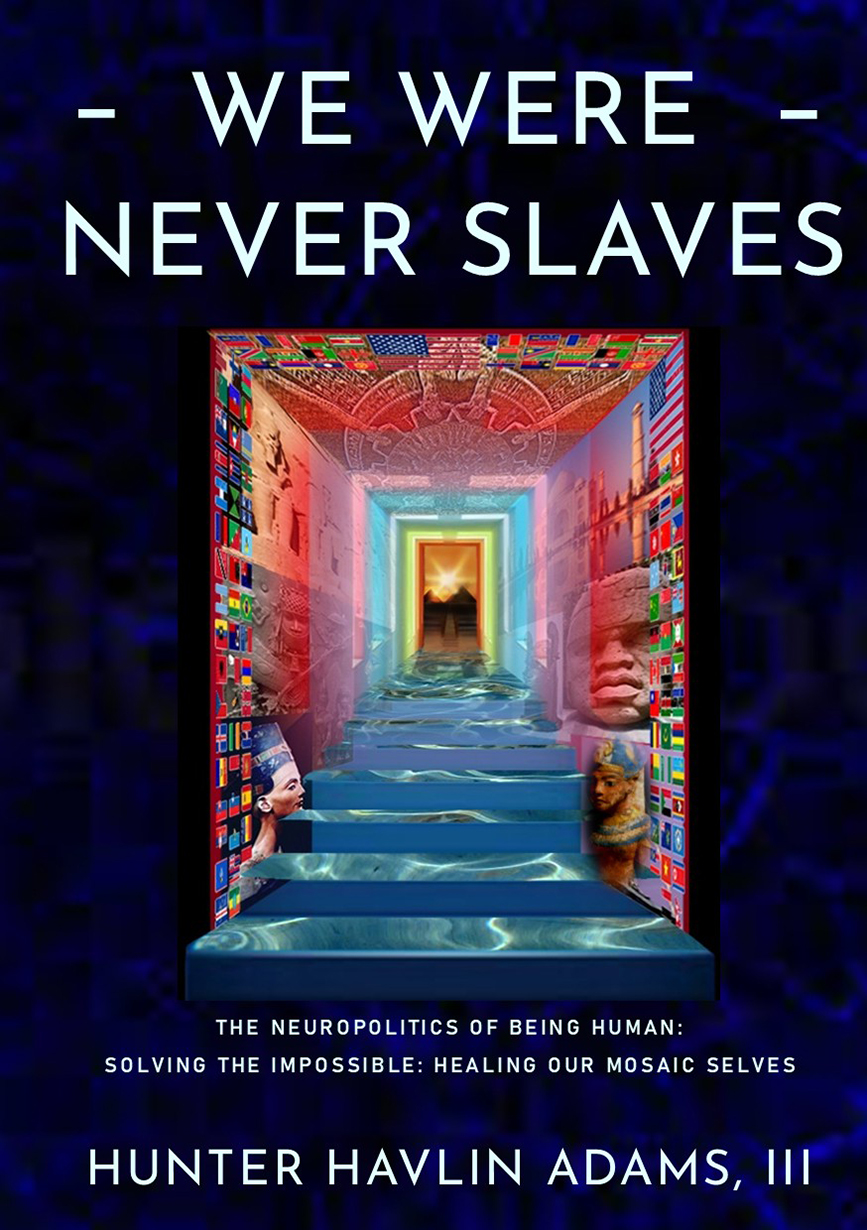 We Were Never Slaves book cover, showing an illuminated tunnel of doors